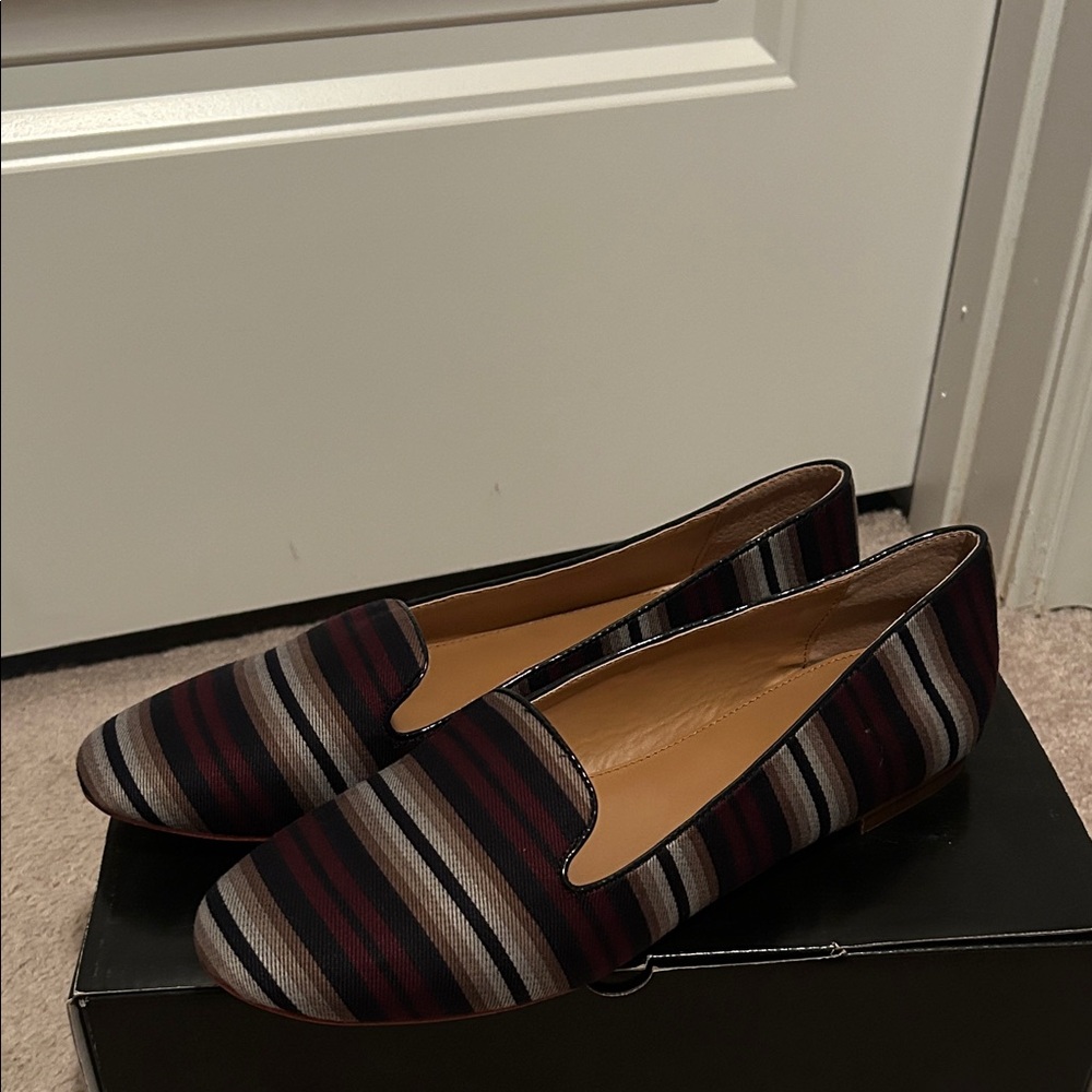 J. Crew Burgundy and Gray Striped Loafers